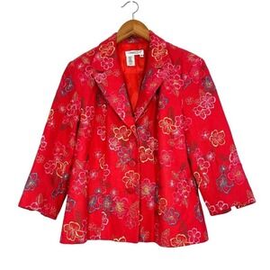 Coldwater Creek Red Floral Embroidered Linen Blend Jacket Blazer Sz S Artsy Boho